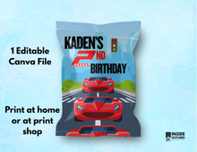 Load image into Gallery viewer, Personalized Race Car Chip Bag Template – Editable in Canva | DIY Printable Party Favor | Instant Download