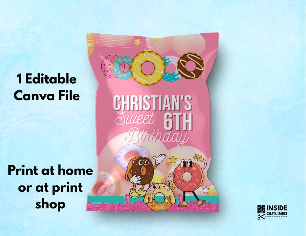 Personalized Donut Chip Bag Template – Editable in Canva | DIY Printable Party Favor | Instant Download