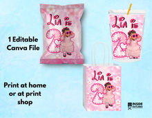 Load image into Gallery viewer, Pink Birthday Canva Template Bundle | Capri Sun Labels, Chip Bag and Gift Bag Templates